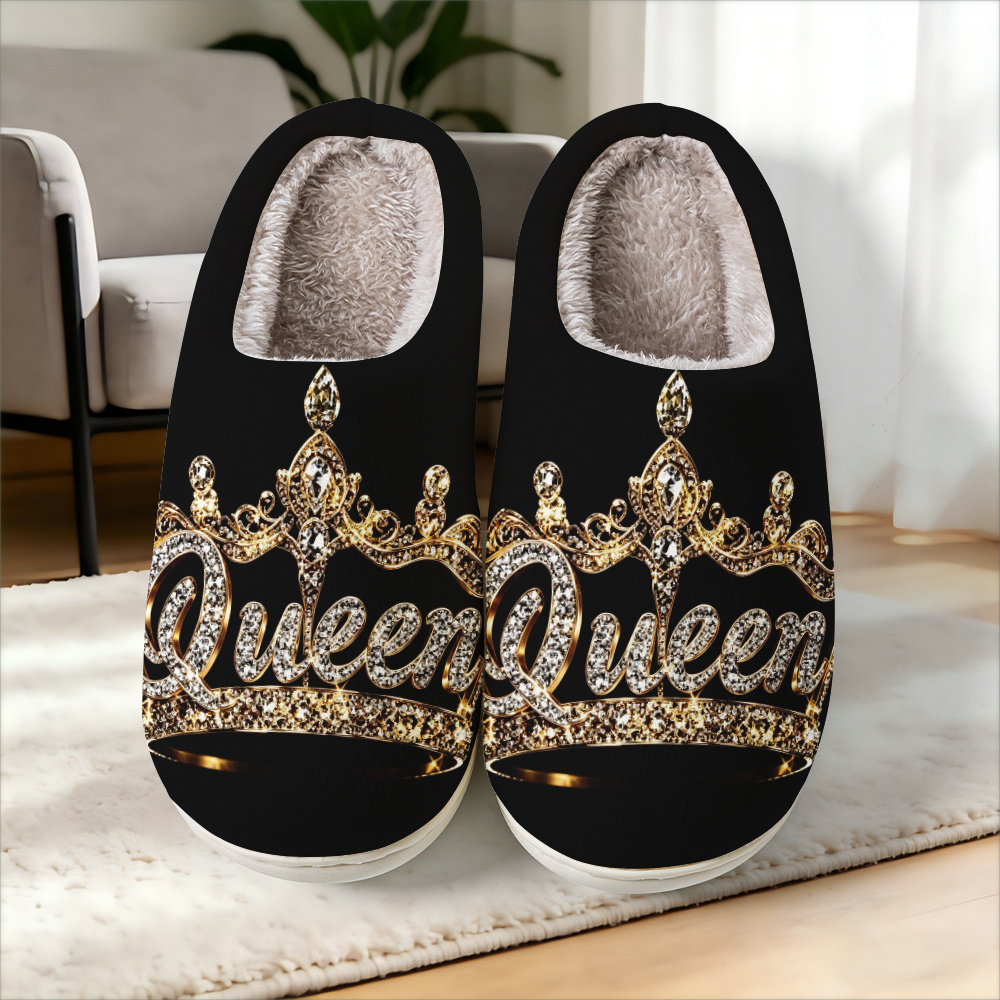 TEMU [printed Design - Not Textured] - Light Luxury Queen-style Black Slippers With Black Background, Golden Rhinestone Queen Crown Print, Women's