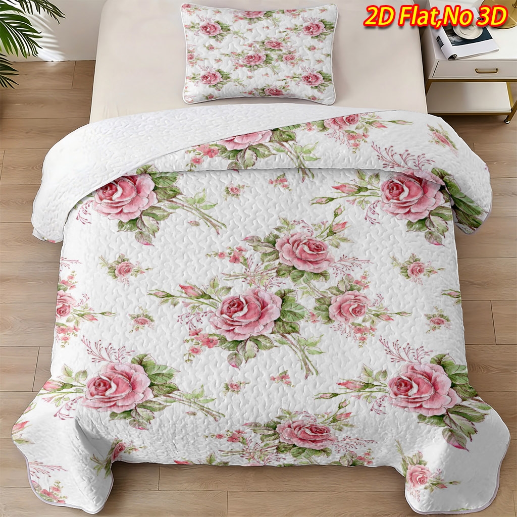 TEMU 2/3pcs 2d Flat Fresh Watercolor Pink Rose And Green Leaf Pattern Bedspread Set, 1/2pcs Pillowcases   1pc Bedspread, Multiple Sizes , Bedroom,