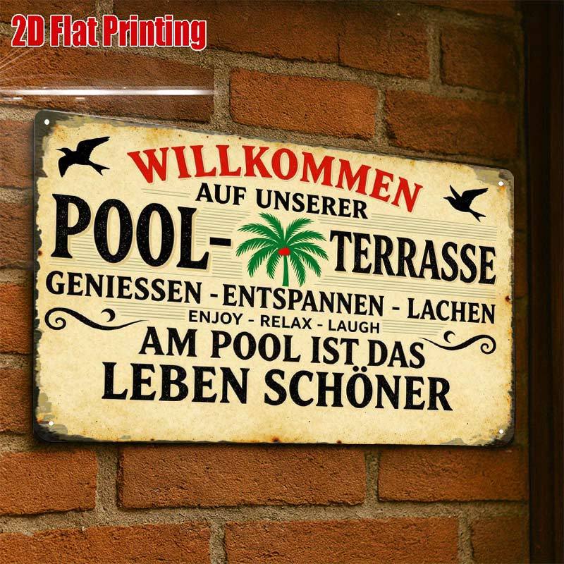TEMU 2D Flat - 2D-Flat, ., Vintage Pool Terrasse Willkommensschild, Kreatives Blechschild Garagen Dekoration, Auffällige Schrift, Hochwertiger Druck,