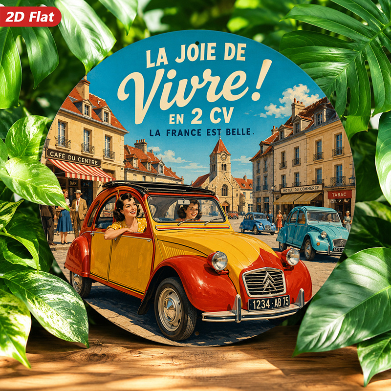 TEMU Panneau mural rond en métal 2D plat, 1 pièce, Art mural rond, Motif de voiture rétro, Scène de rue française, La Joie de Vivre, Décoration