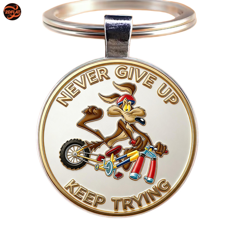 TEMU 2d Flat, Warner . Official 2d Flat Keychain, Crooked Heart Wolf Riding A Bike With An Inspirational Slogan, Embossed Style Cartoon Creation Gift