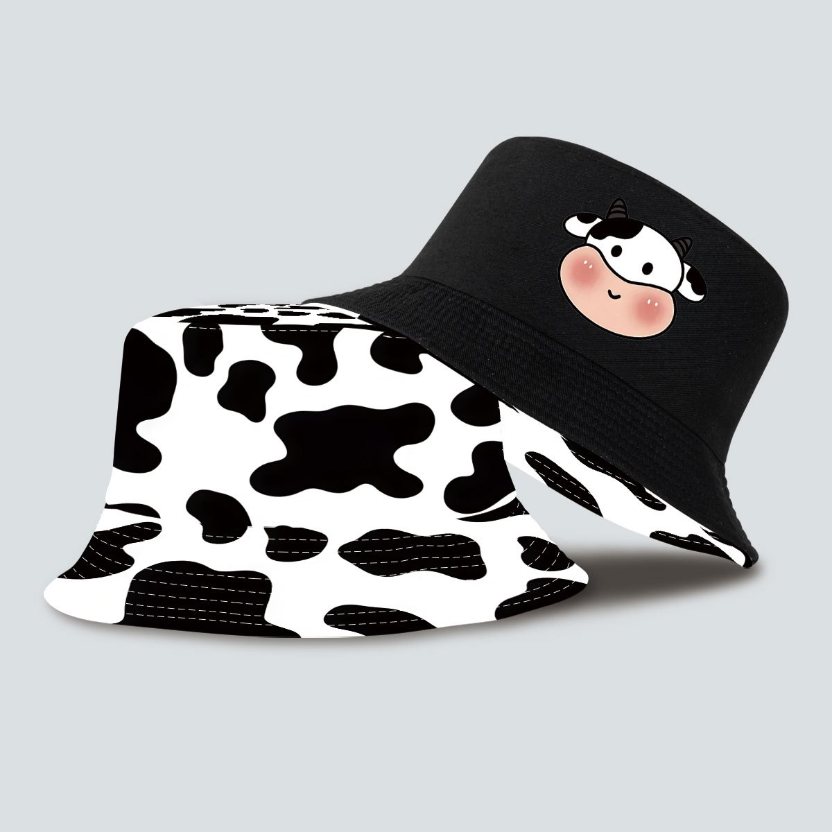 TEMU 1pc Cow Print Bucket Hat, And Fashionable Black And -. And Figure-flattering When Worn, Suitable For Daily Commutes, Shopping, Outdoor , And