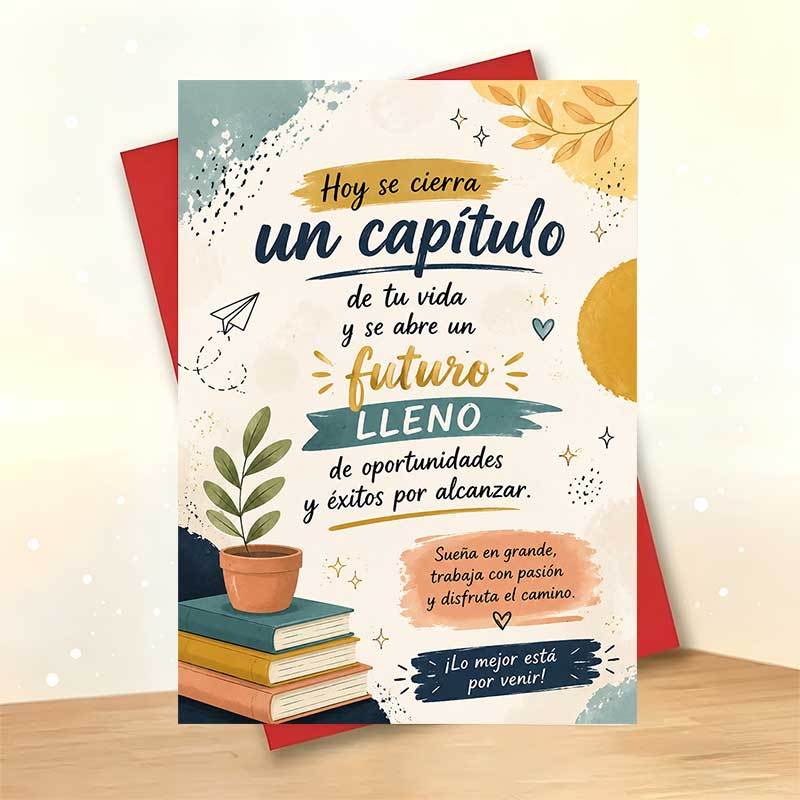 TEMU 1 Tarjeta de Felicitación + 1 Sobrecarta, Elegante Tarjeta de Felicitación de Graduación, Ilustración de Libros y Plantas " Esperan", para ,