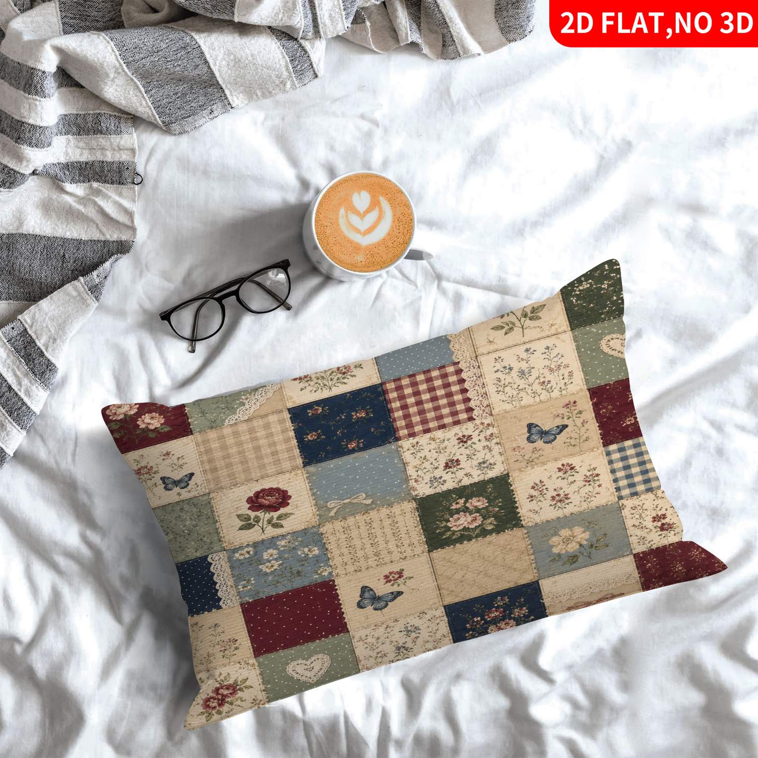 TEMU 1pc Pillowcase (pillow Inserts Not Included) 2d Flat Print Vintage Quilted Style Rustic Floral Design Multicolor With Roses Butterflies & Lace