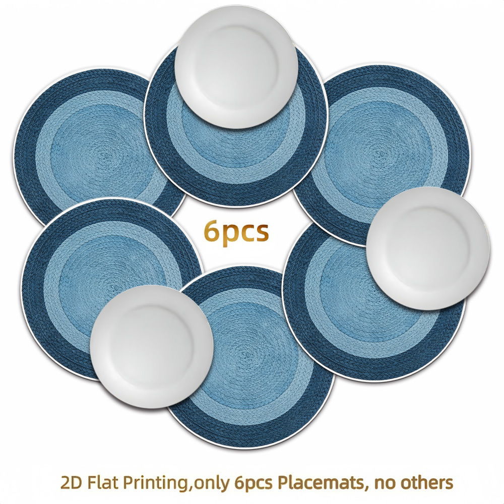 TEMU 6pcs Round Placemats Suitable For Suitable For - Modern Blue Gradient Table Mats With Pattern & " Tones" Slogan, Non-slip Washable Polyester,