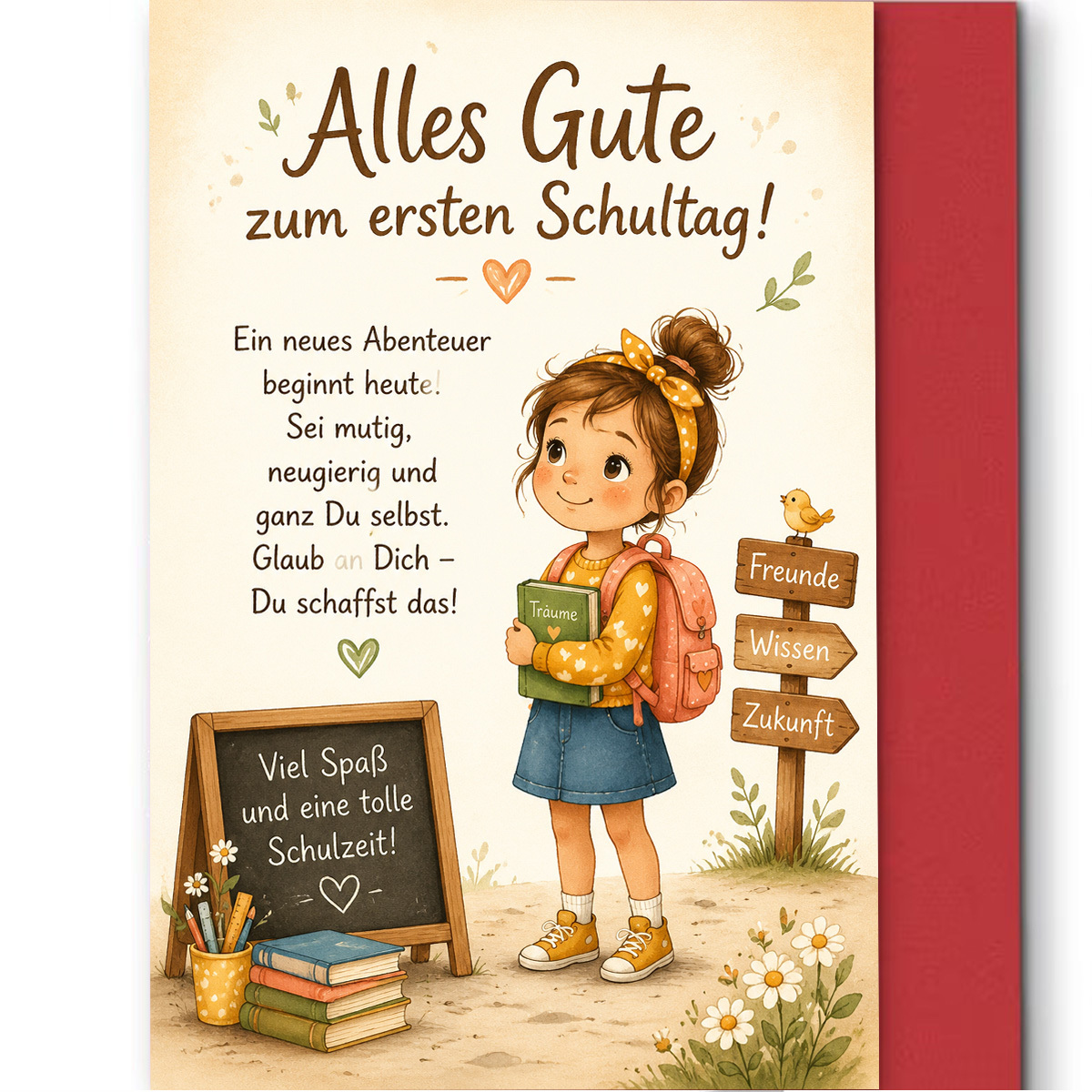 1set (a Greeting Card And An Envelope). Greeting Card, Featuring A Girl With A Backpack, For Back To School. Text: Alles Gute Zum Ersten Schultag. High Quality Paper, Red Or , Creative Card