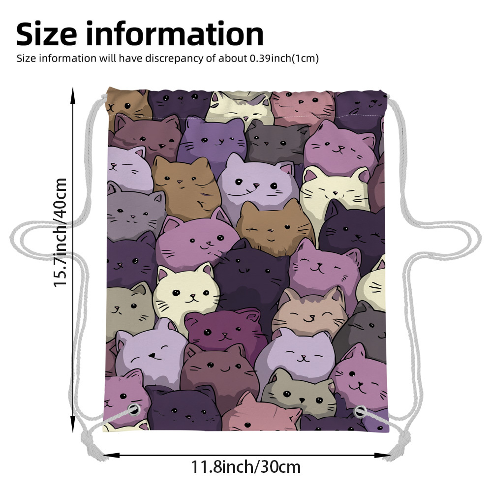 TEMU 1pc 2d Flat Colorful Cute Cat Faces Pattern Drawstring Backpack, Lightweight Softshell Gym Sackpack With Closure, Suitable For Travel, Casual