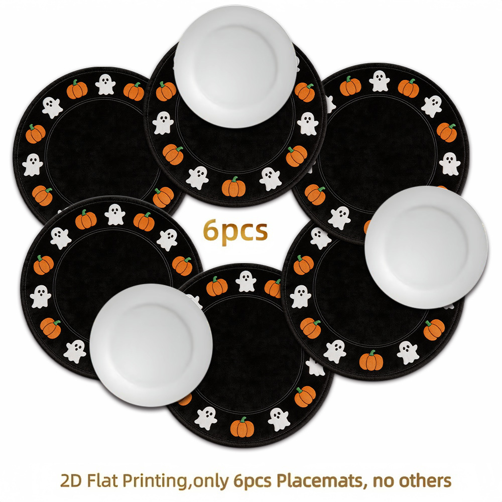TEMU [2d Flat Printing] 6pcs Decorative Placemats With Pumpkin Pattern + "halloween" Slogan Polyester Round Placemats, Round Table Mats Home Decor,