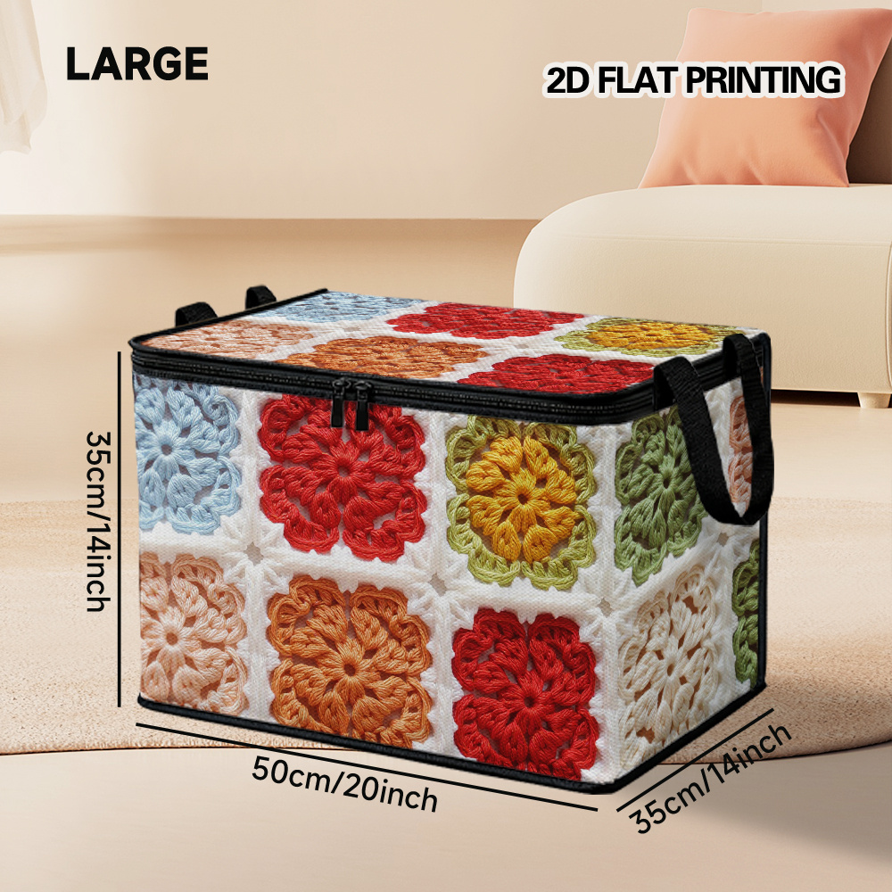 TEMU 2d Flat Printing, 1pc Storage Bin With Lid Soft Fabric Crochet Knit Floral Blanket Style, In Sizes, Great For Bathroom Organizer, Vanity Table