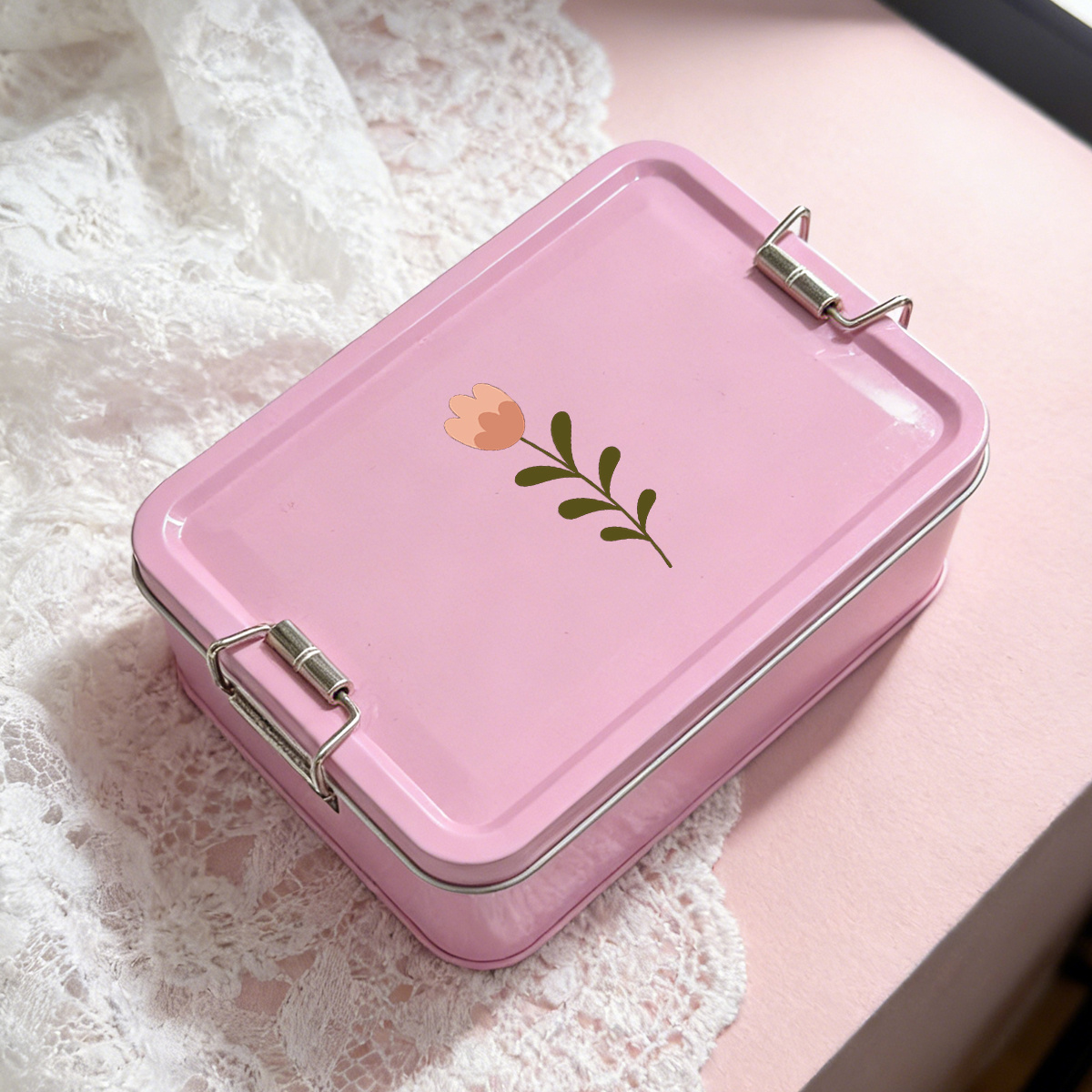 TEMU Floral Patterns Pink Metal Box Containers Storage Box With Lids Rectangular Containers With Buckle For Home Storage Outdoor Usage, Portable