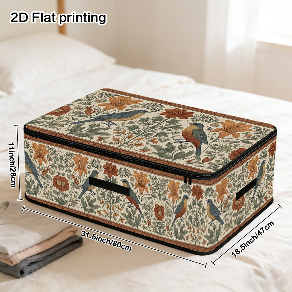 TEMU 1pc 2d Flat Floral Birds Design Printed Bed Bottom Storage Box, Constructed With Soft And Lightweight Fabric. Ideal For Organizing Blankets,