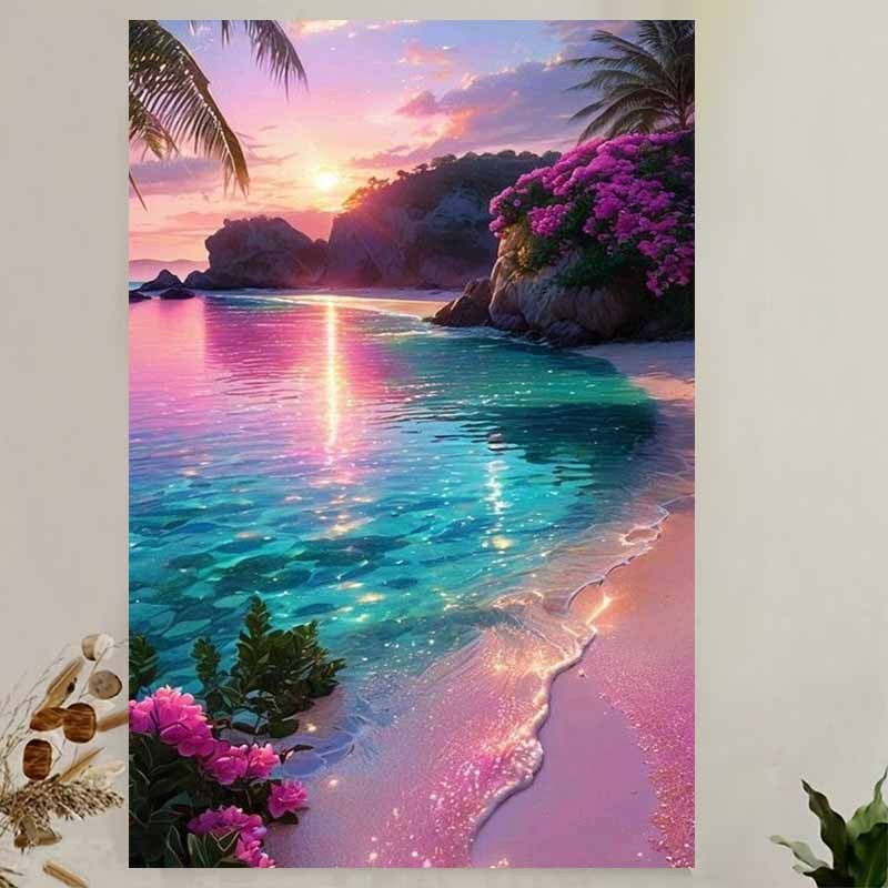 TEMU 2d Flat, 1pc 1pcs Tropical Beach Sunset Canvas Poster - Pink Flowers & Azure Sea Wall Suitable For Home, Bar, Restaurant, CafÃ©, / Decor,