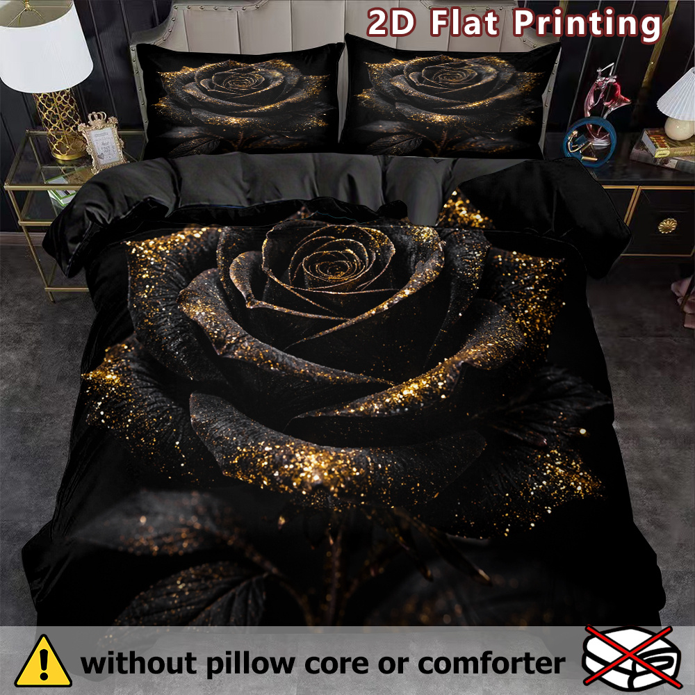 TEMU 3pcs 2d Flat Black Rose With Golden Glitter Duvet Cover Set, Floral Print, Nature Theme, Breathable Polyester, , Machine Washable, , No Insert
