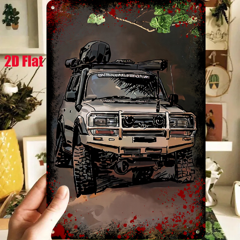 TEMU 2d Flat - 1pc 2d[flat] Metal -road Vehicle Decorative Painting: Outdoor Adventure Style Vehicle Art Illustration, Showcasing Robustness And