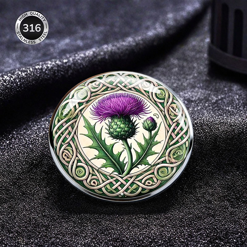 TEMU Scottish Thistle Stainless Steel Brooch Celtic Knot Pattern Round Badge Fashion Clothing Backpack Accessory Rustproof Scratch Resistant Durable