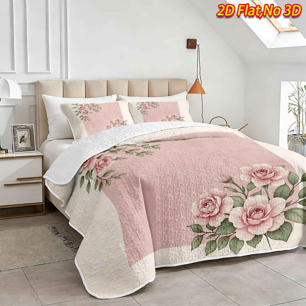 TEMU 2/3pcs 2d Flat New Rose Floral Theme Bedspread Set 1*bedspread 1/2*pillowcase, No Filling), Breathable Cooling Blanket, Suitable For Bedroom ,