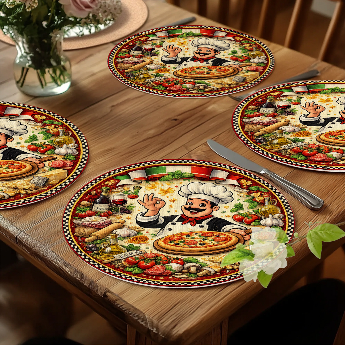 TEMU Lot de 4 sets de table ronds sur le thème italien Chef et Pizza, avec imprimé Chef italien, en polyester pour bords de table, lavables en