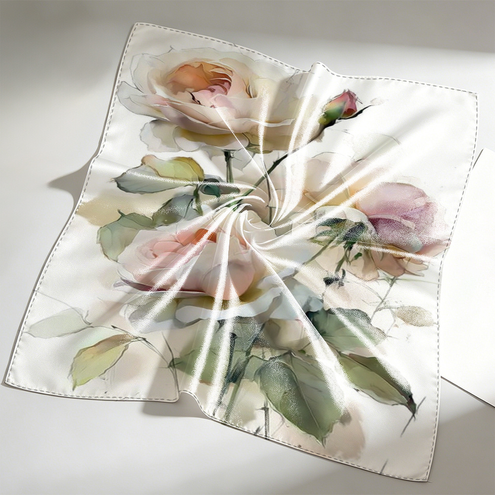 TEMU [jit]1pcs Fashion Polyester Headscarf, Painting Pink Roses On White Background, Durable Stylish Hair Scarf For Women | Versatile For Daily Wear,