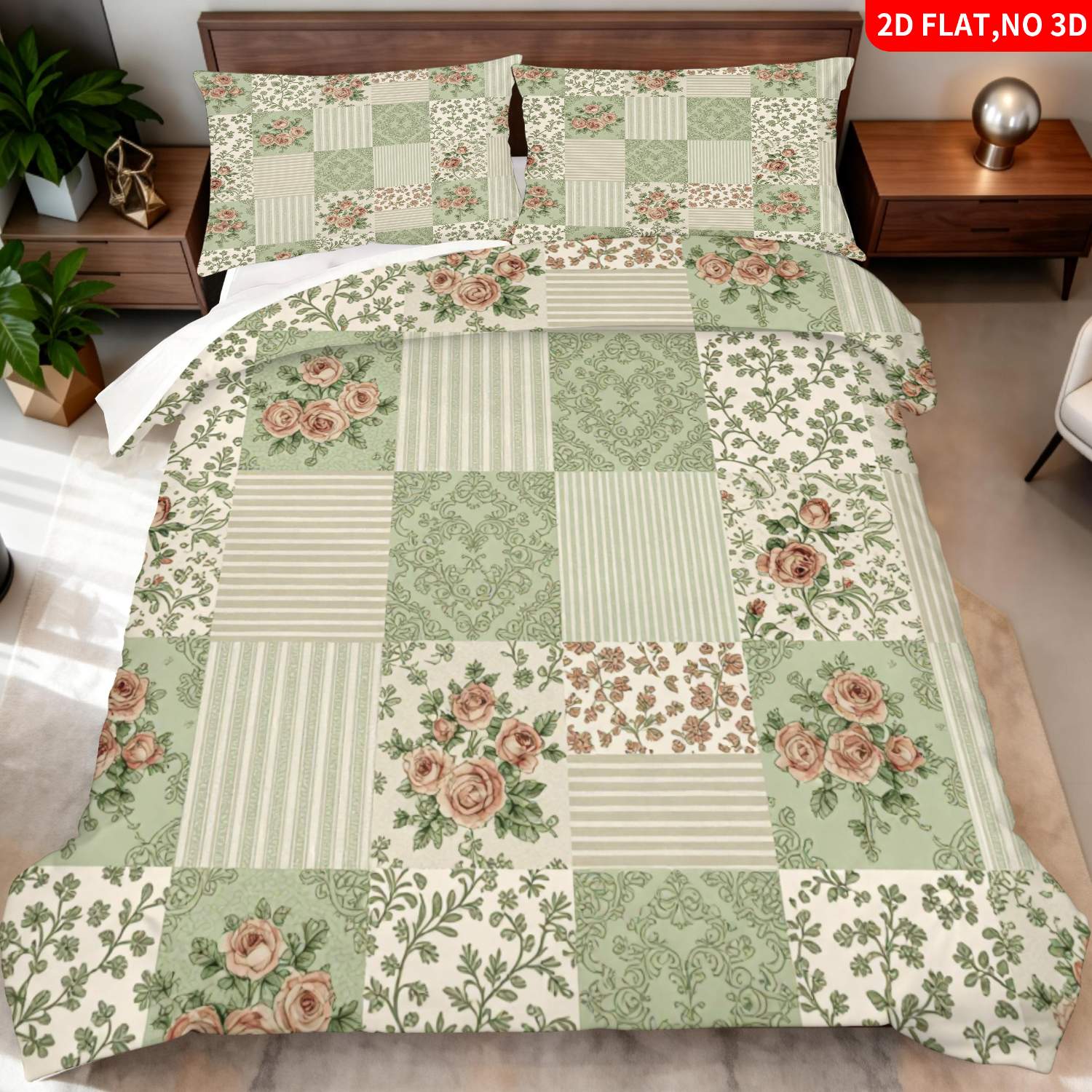 TEMU 2/3pcs 2d Flat Printing Vintage Floral Quilt Cover Bedding Green Beige Rose Stripe Damask Print Suitable For Multiple Sizes 4 Lining Colors An