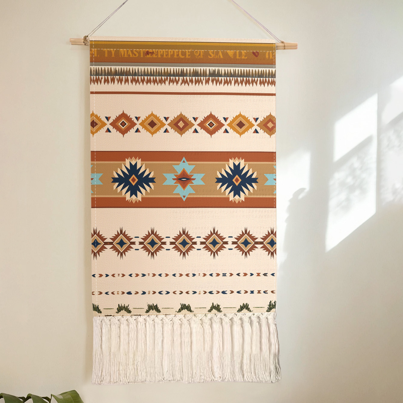 TEMU 1pc, Tapestry, Wall Hanging, Ethnic Style Geometric Pattern 2d Print, Tassel Bottom Design And Multi-scene | Wall Decor/bedside