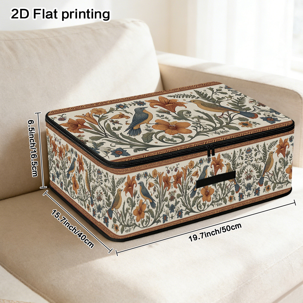 TEMU 1pc 2d Flat Floral Birds Design Designed Bed Bottom Storage Box | Multi Functional Zipper Seal Structure, Soft Fabric Printed Flip Storage Case,