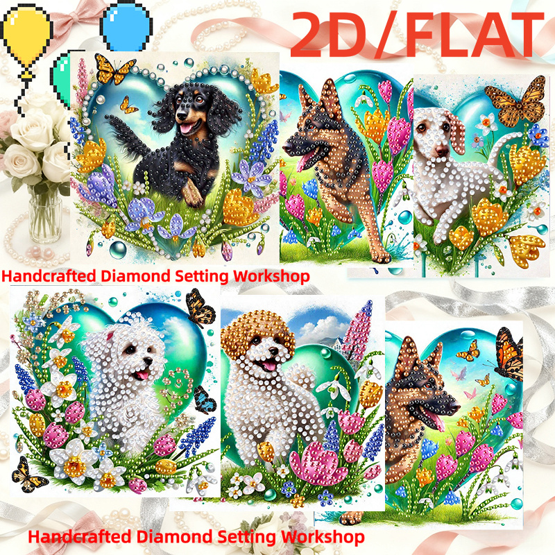 TEMU 6 stuks 2D Schattige Huisdier Hond Diamant Schilderen Wenskaarten, Volledig Helder Acryl Ronde Kralen Handgemaakt, Mozaïek/Wenskaart/Poostkaart
