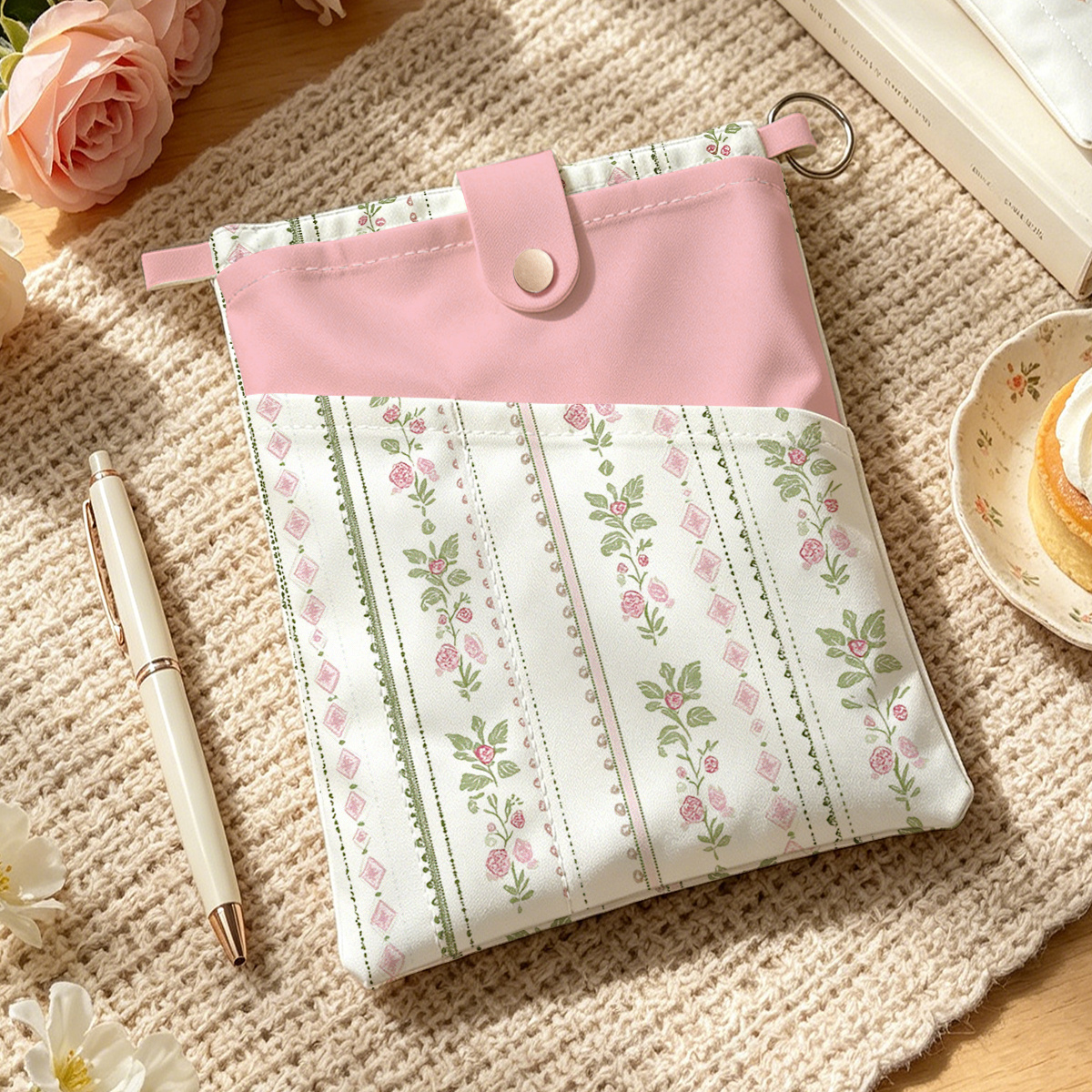 TEMU 1 pièce Housse de livre à rayures roses et boutons de rose pour livres A5, cahiers, rangement de stylos - Housse pour étagère de bureau, cadeau