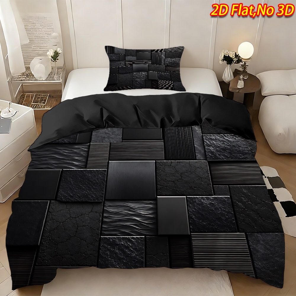 TEMU 2/3pcs 2d Flat Printing Spring/summer New Arrival Black Geometric Texture Duvet Cover Set (1*duvet Cover   1/2*pillowcases, No Filling),