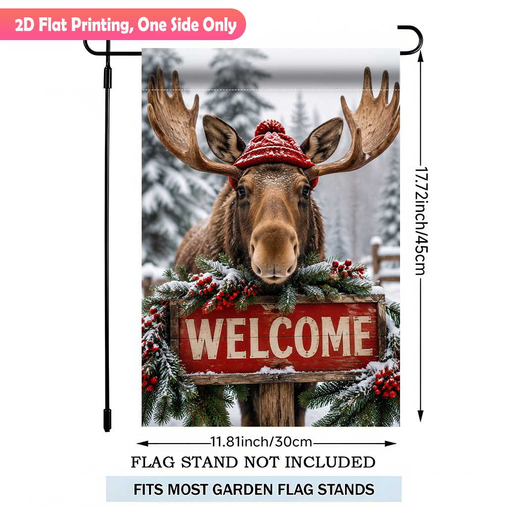 TEMU 2d Flat - 2d Flat Printing Garden Flag 1pc, Winter Moose With Welcome Durable Polyester Outdoor Patio Decoration, Outdoor Patio Flags, And Patio