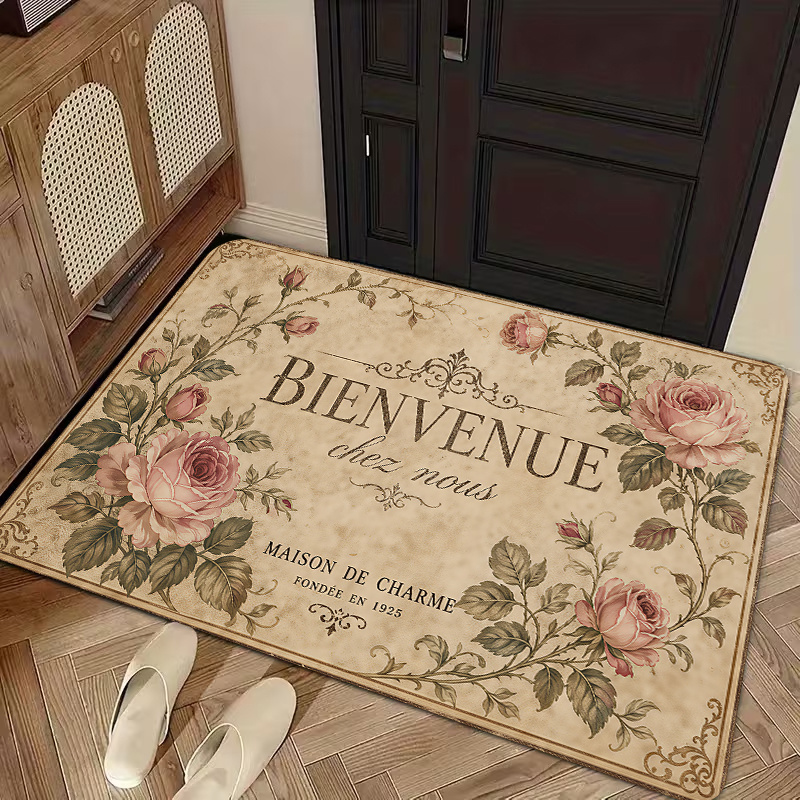 TEMU 1 pièce, Impression 2D à plat, Paillasson d'entrée style français vintage à roses, Parfaitement adapté pour les repas de fête et la décoration