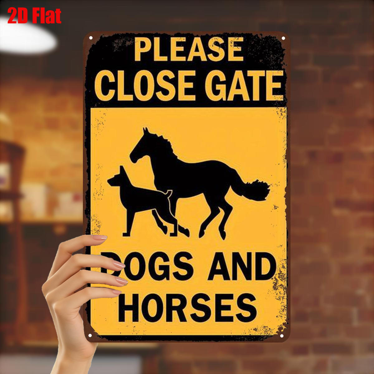 TEMU 2d Flat, 2d Flat 1pc, "please Close Gate - Dogs And Horses Metal Decor" 8×12 Inch, 2d Flat