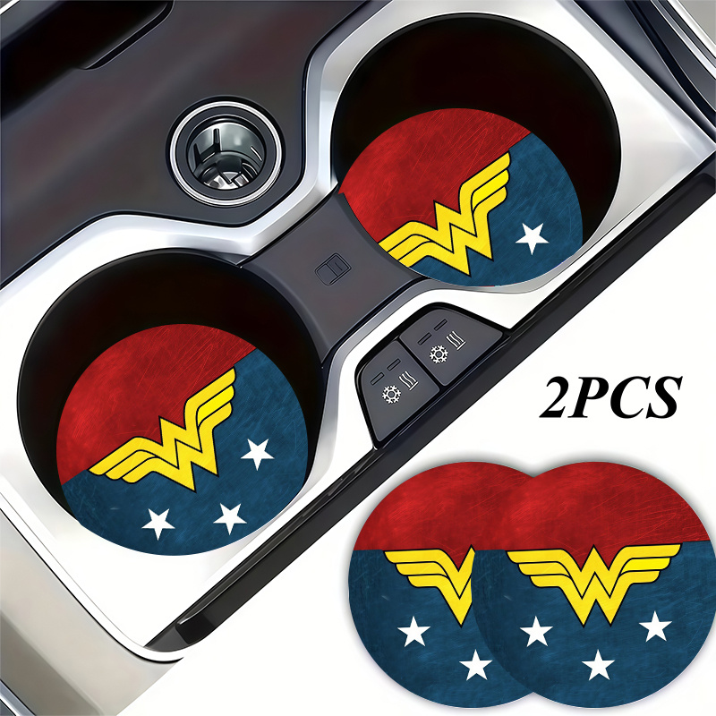 TEMU 2pcs Warner . Wonder Woman Car Cup Coasters, Heroic Style - Cute Design, Universal Non-slip Cup Holders, Easy To Clean, Heat-resistant, Drink