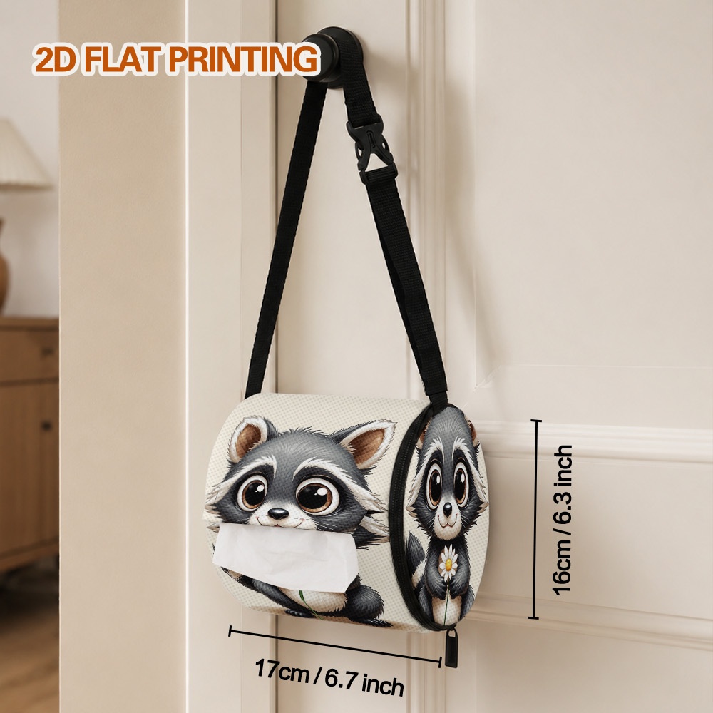 TEMU 1pc Cute Raccoon Tissue Box Holder With Raccoon & Flower Print - Portable Foldable Toilet Paper Organizer Suitable For Camping, Rv, Car,