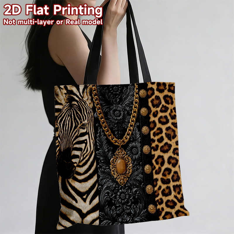 TEMU 2d Flat. 1pc Zebra Leopard Print Retro Luxury Handbag, Stylish & Beautiful, Large Capacity, Canvas Tote Bag - Reusable Grocery Bags(flat Printed