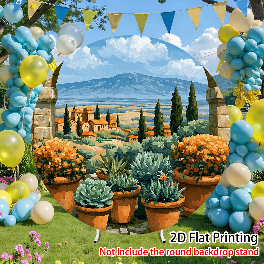 2d flat 2d flat banner 1pc potted succulents in mediterranean landscape print round elastic backdrop cover designed as a durable round backdrop for birthday celebrations showers and parties stand not included 2d flat