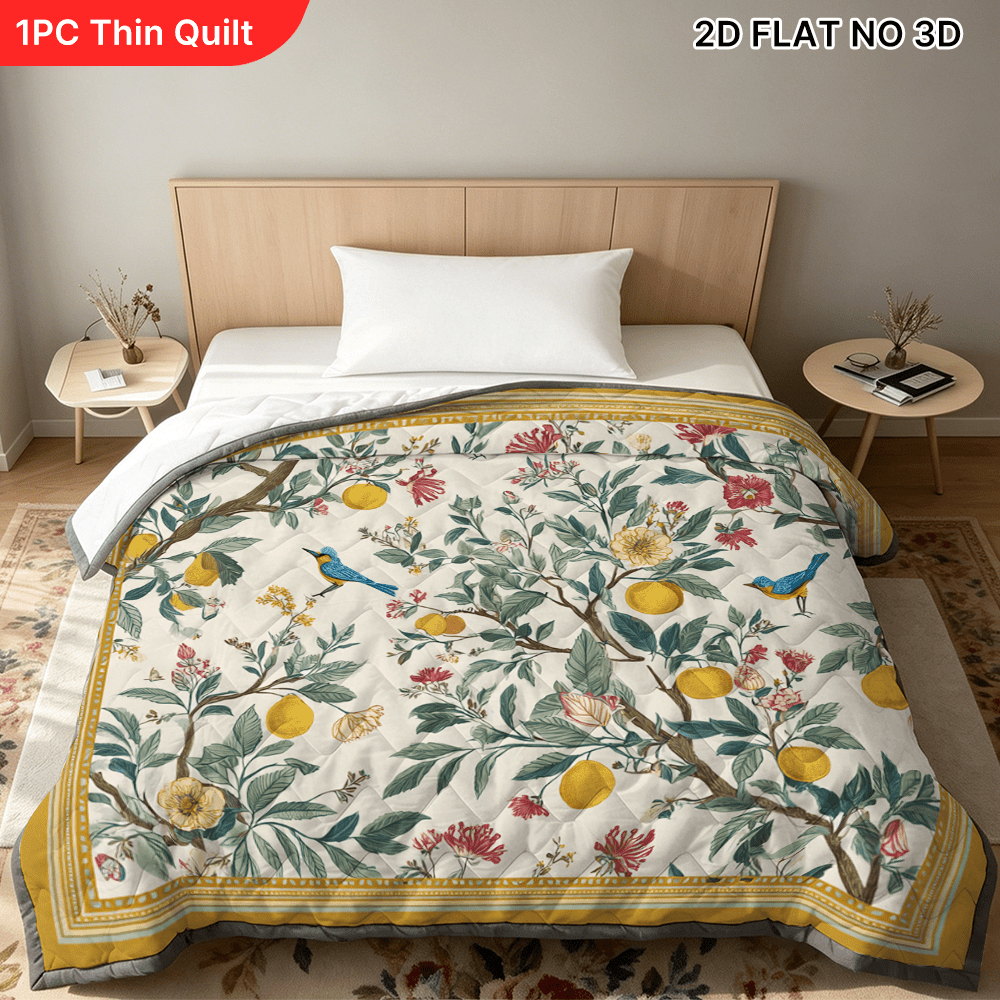 TEMU (2d Flat) 1pc Breeze Quilt, Cooling Summer Quilt With Floral Branches And Birds Design, Soft, Skin, Lightweight Yet Breathable, Perfect For Warm