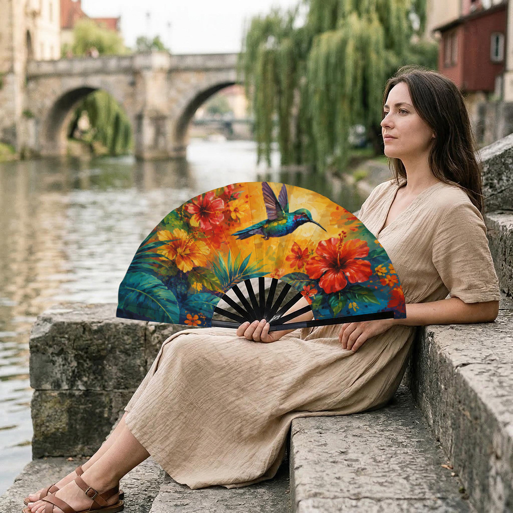 TEMU [ Product] 1pc, Hummingbird Floral Print Women's Portable Hand Fan, Folding Fan, Suitable For Summer Hot Weather, Music Festivals, Rave Parties,