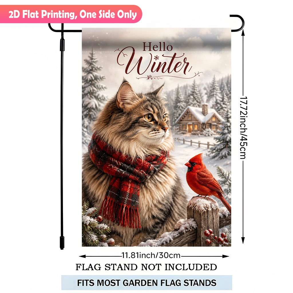 TEMU 2d Flat - 2d Flat Printing Garden Flag 1pc, Winter Cat And Durable Polyester Outdoor Patio Decoration, Outdoor Patio Flags, And Patio
