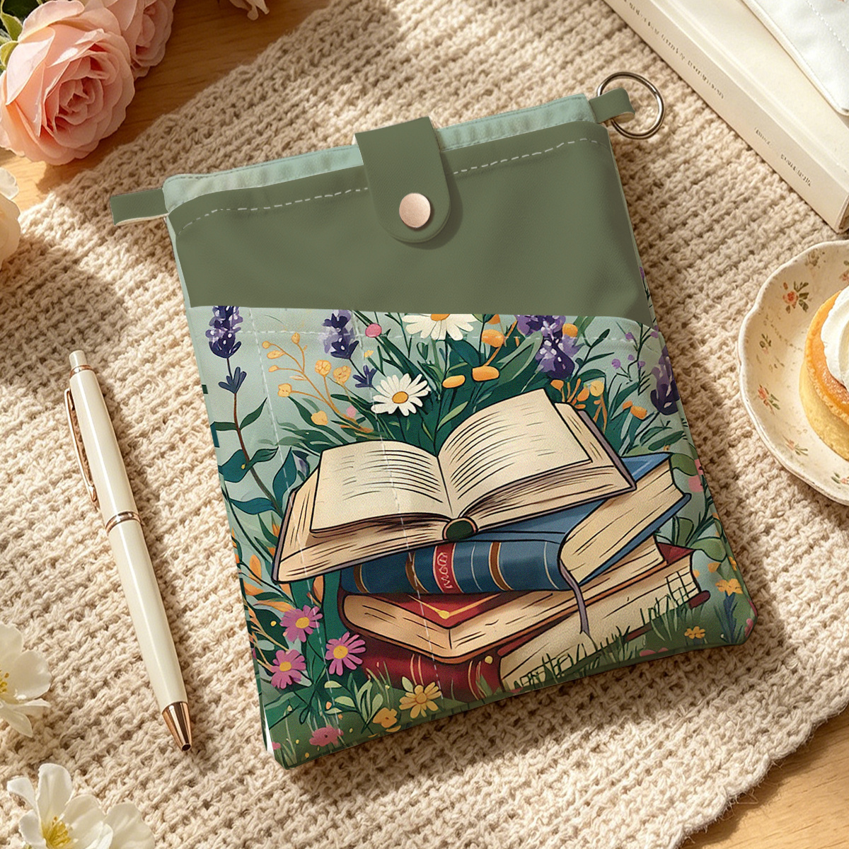 TEMU 1 pièce Housse de livre vintage avec livres empilés, fleurs et herbes, convient pour des stylos, livres format A5. pour organiser les livres et