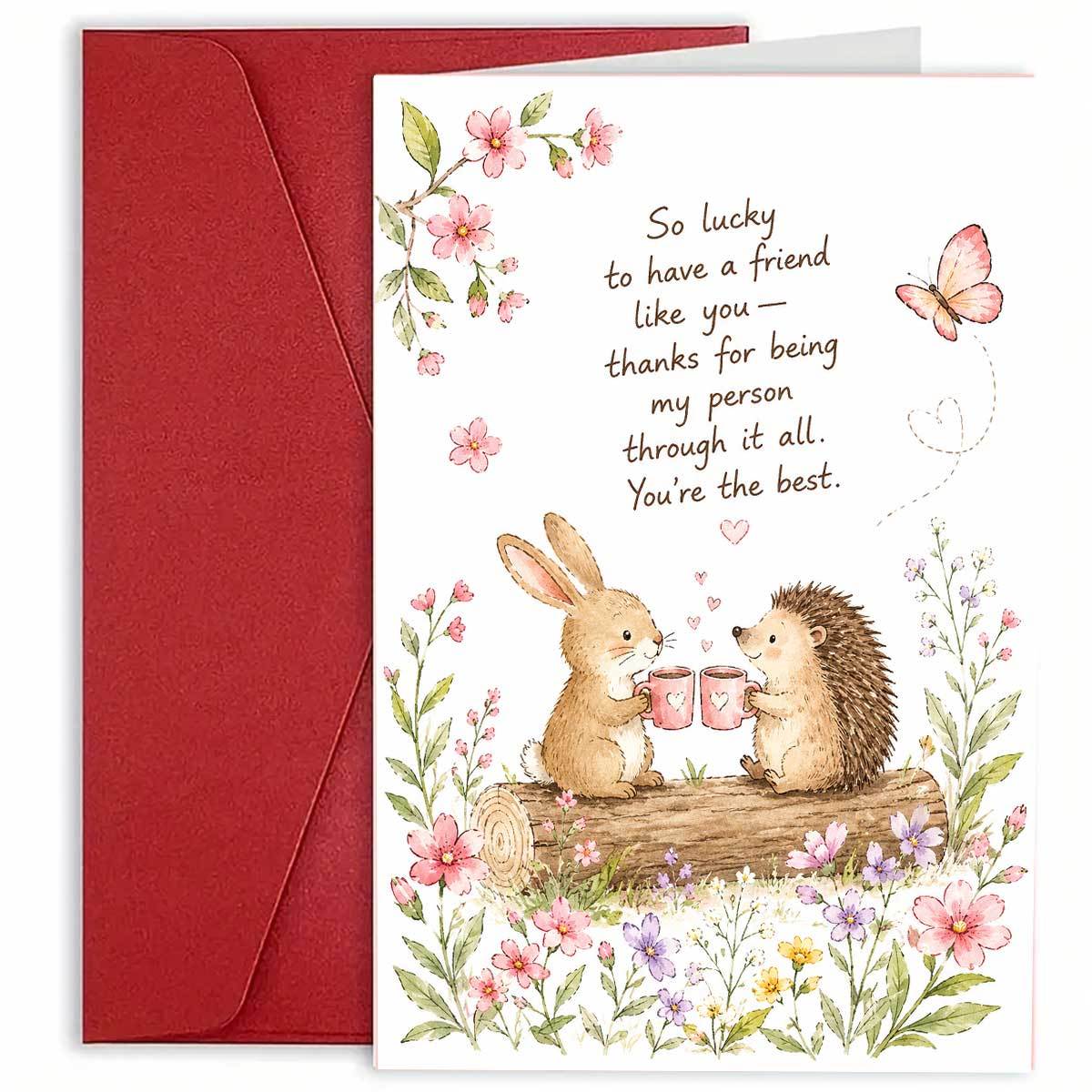 TEMU 1set(an Envelope And A Card) Exquisite Watercolor Floral Friendship Greeting Card Featuring A Rabbit And Hedgehog With Mugs. Text: To Have . ,