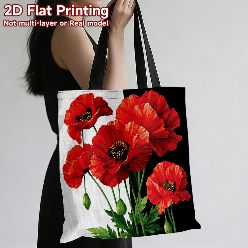 TEMU 2d Flat, 1pc Red Poppy Flower Themed Handbag, Stylish And Beautiful Large Capacity Canvas Tote Bag, Flower Gift, Reusable Grocery Bags