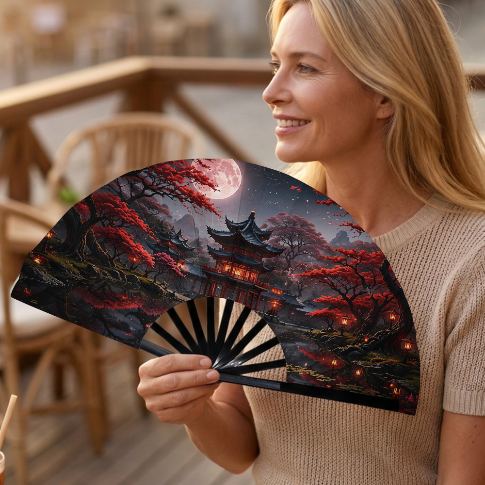 TEMU 1 pièce Éventail pliant portable à main pour femme avec imprimé bohème chinois (Érable rouge & Pavillon ancien) - Convient pour l'été, , les