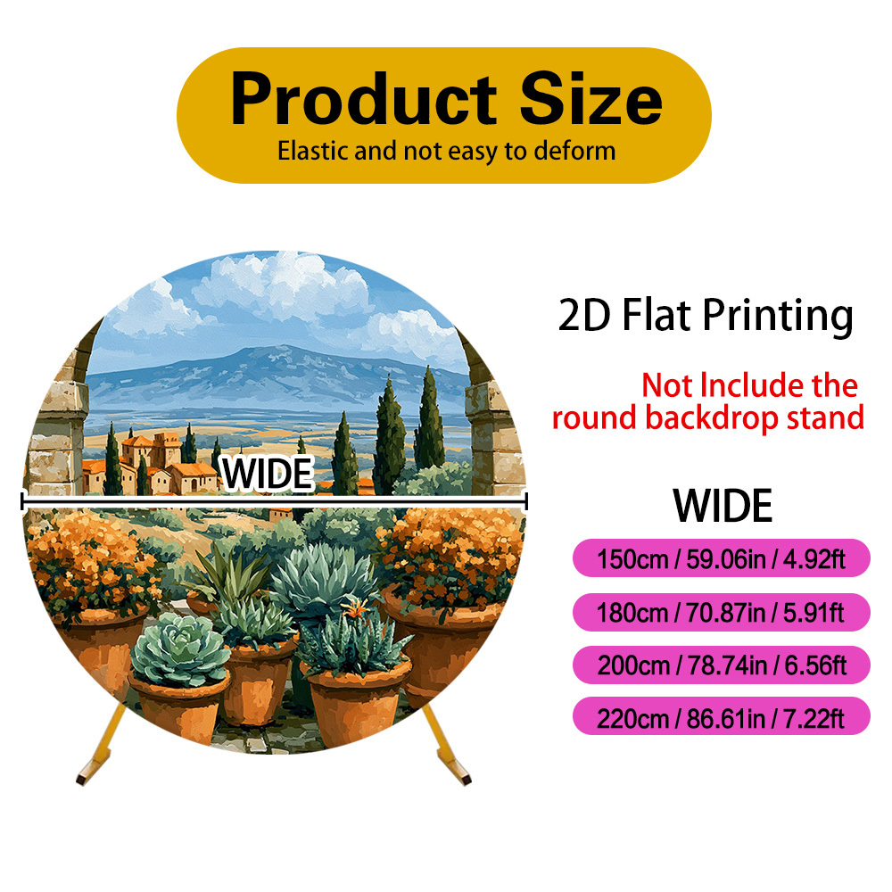 2d flat 2d flat banner 1pc potted succulents in mediterranean landscape print round elastic backdrop cover designed as a durable round backdrop for birthday celebrations showers and parties stand not included 2d flat