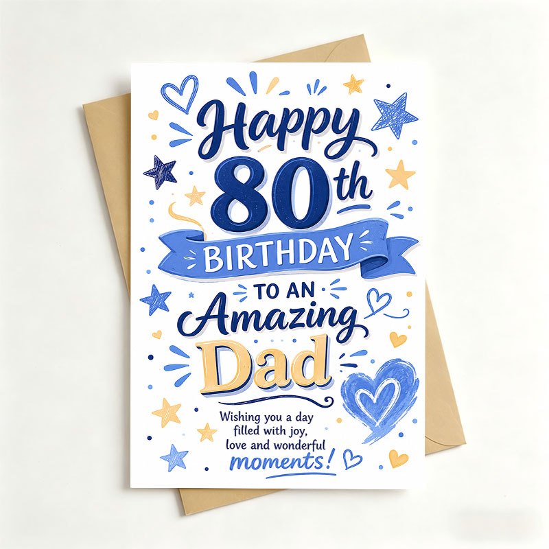 TEMU 1 Greeting Card And 1 Envelope Elegant Blue And Golden Birthday Greeting Card, Featuring Stars And Hearts Pattern With Text Happy 80th Birthday