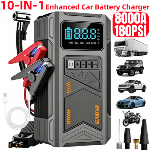 jkuoo 8000mah car starter air compressor 180 psi 4x faster inflation with led light suitable for 3 28 gallon gasoline 2 98 gallon engines lcd display 3 flashlight 6a fast charging cable high quality materials