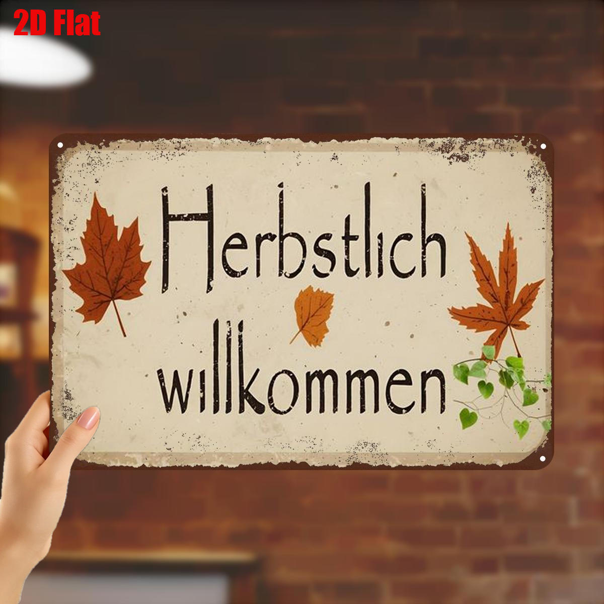 TEMU 2D-Flach, ., Herbstliches Willkommens-Wandschild aus Metall – „Herbstlich Willkommen“ mit Ahornblätter-Dekor, 8×12 Zoll, 2D-Flach