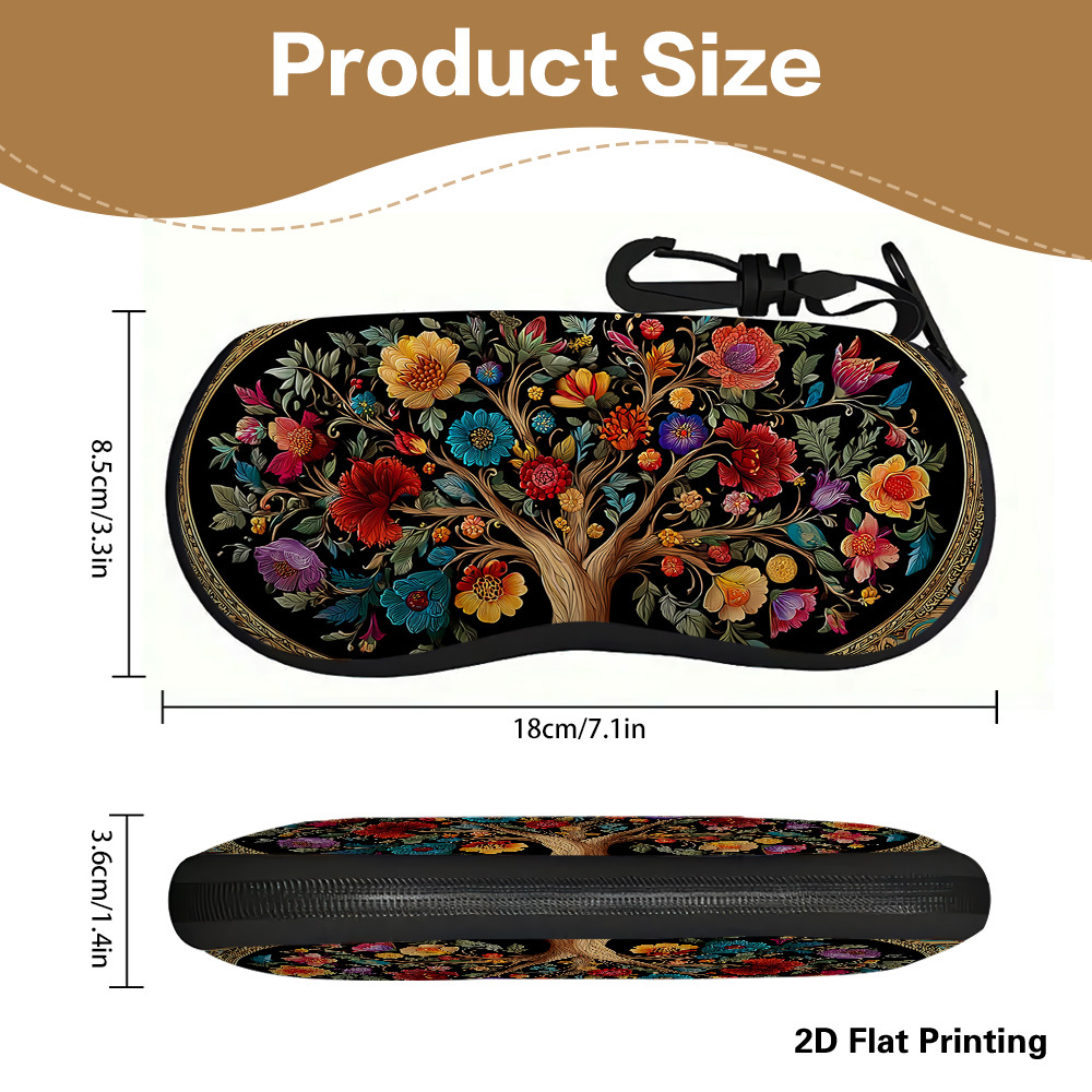 TEMU 1pc 2d Flat Colorful Tree Vintage Art Pattern Eyewear Case With Zipper & Keychain – , Stylish & Portable, Eyewear, Wallet & Travel Accessories.