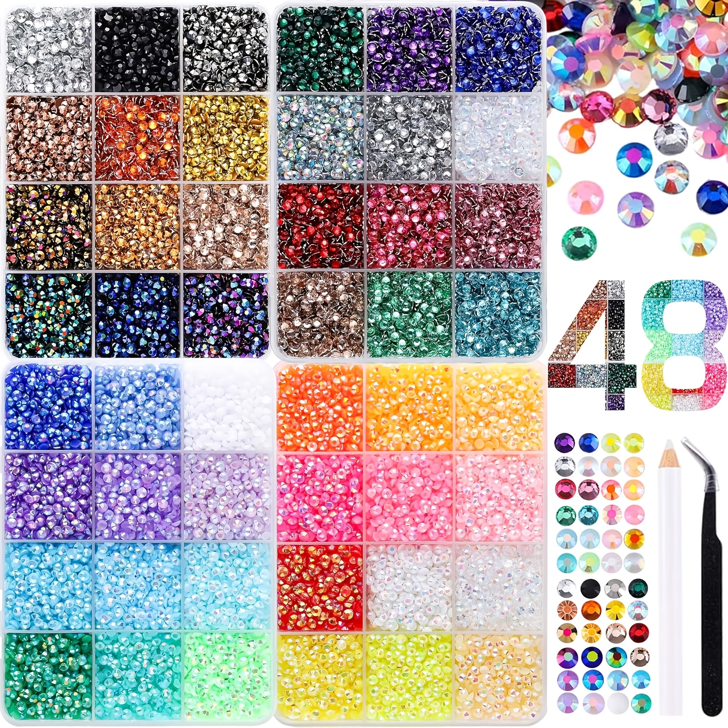 18000pcs 48 Colors Resin   Gems with Painting Pen & Tweezers Suitable for Nail Art, Crafting, Clothing Decoration, 3mm Flatback Suitable for Nail Designs, Fabric  , Clothing & DIY Crafts, Resin Gems