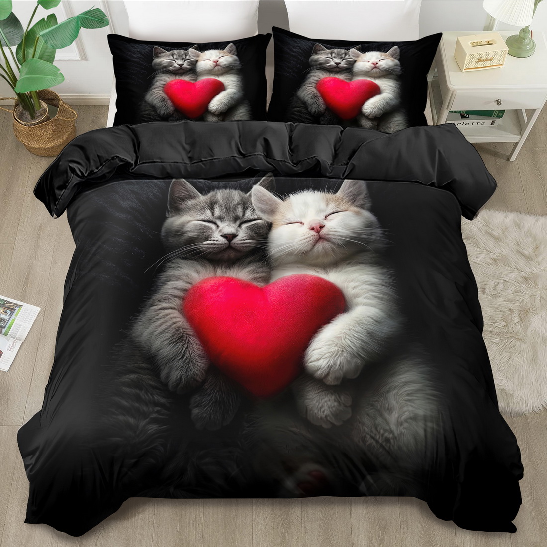 TEMU 2/3pcs Duvet Cover Set, Romantic Heart Cat Print Duvet Cover Set, King Bedding, Polyester Machine Washable, Blanket Decoration, Bedroom ,