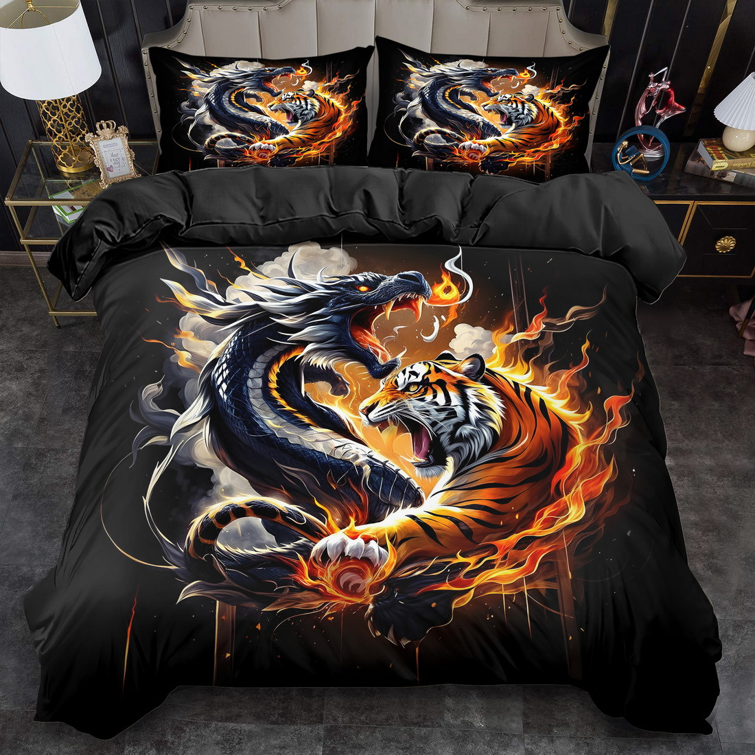 TEMU 2/3pcs Duvet Cover Set. Dragon And Flame Tiger Print Duvet Cover Set, Animal Bedding, Quilt Decoration, For Bedroom , Birthday Gift. Includes 1